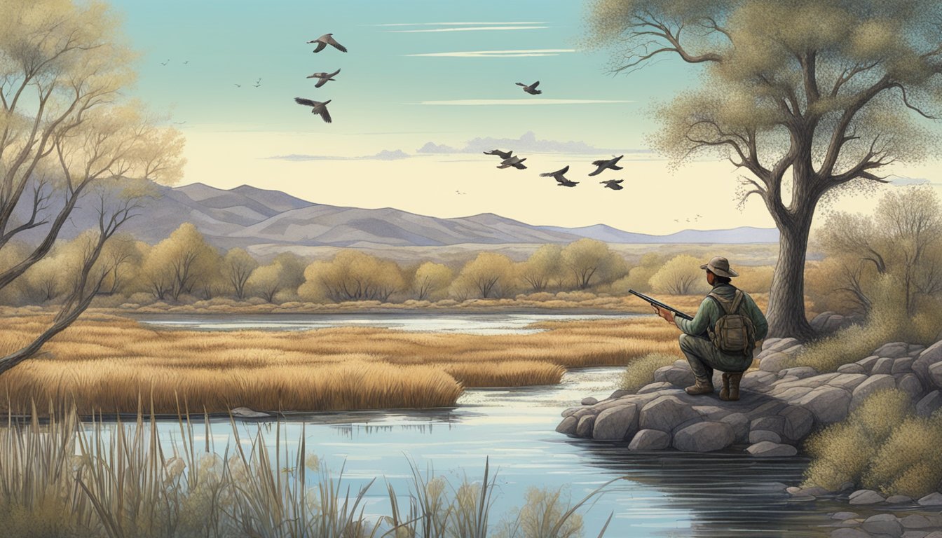 A hunter crouches by a marshy pond, aiming a shotgun at a flock of ducks flying overhead. The New Mexico landscape is dotted with scrubby trees and rocky outcrops