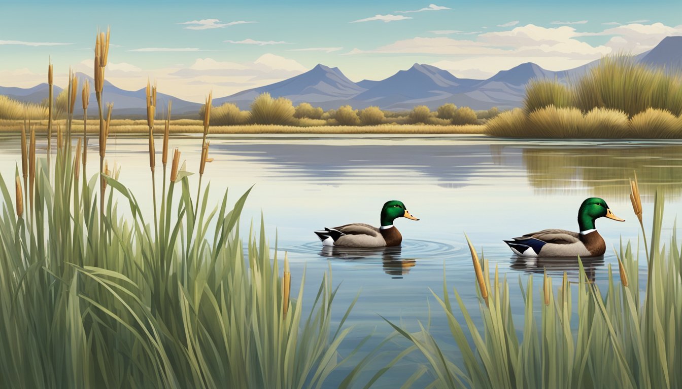 Mallard ducks swimming in a serene marsh surrounded by tall reeds and cattails, with the New Mexico mountains in the distance