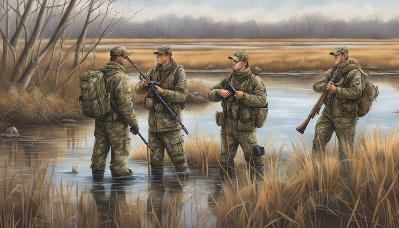 A group of hunters in camouflage gear prepare their equipment in a marshy wetland area, surrounded by signs indicating hunting regulations and licensing requirements in New Jersey