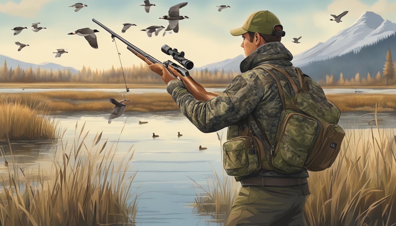 A hunter in camouflage aiming at ducks flying over a marsh in Montana, with a hunting license displayed on their gear