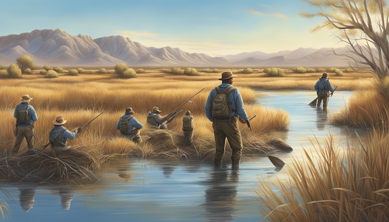 A group of duck hunters navigating through a marshy wetland area in New Mexico, with a backdrop of rugged desert landscape and clear blue skies