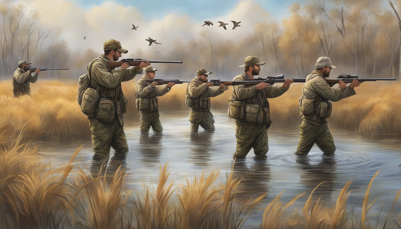 A group of hunters in camouflage gear wade through a marsh, aiming their guns at a flock of ducks flying overhead