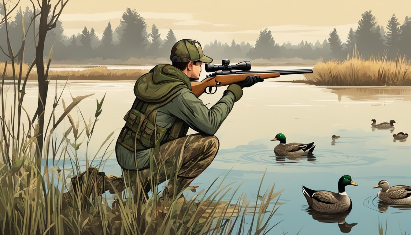 A hunter in camouflage aiming at ducks in a wetland with a sign promoting conservation and ethics