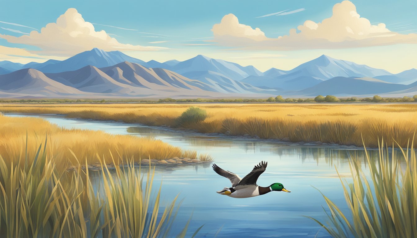 A duck flying over a marshy wetland in New Mexico, with mountains in the distance and a clear blue sky above