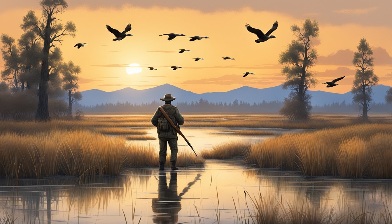 A hunter crouches in a marshy wetland, shotgun at the ready, as a flock of ducks take flight in the distance. The early morning sun casts a warm glow over the serene Montana landscape