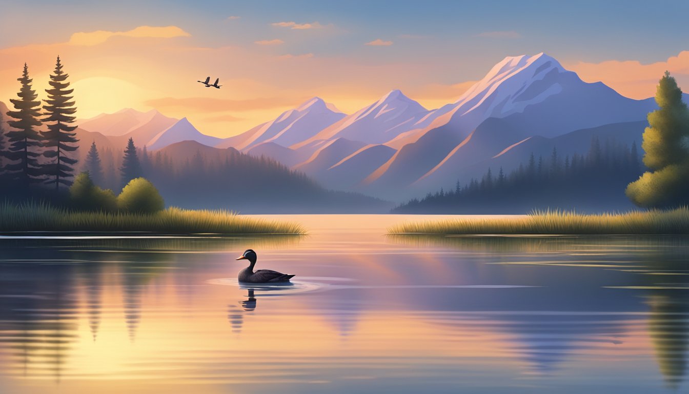 A serene lake at dawn, surrounded by tall grass and distant mountains, with a lone duck gliding across the water