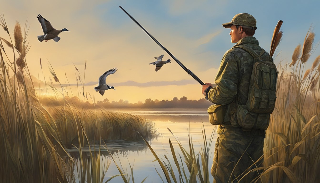 A hunter in camouflage waits by a serene marsh, surrounded by tall grass and cattails, as ducks fly overhead in the early morning light