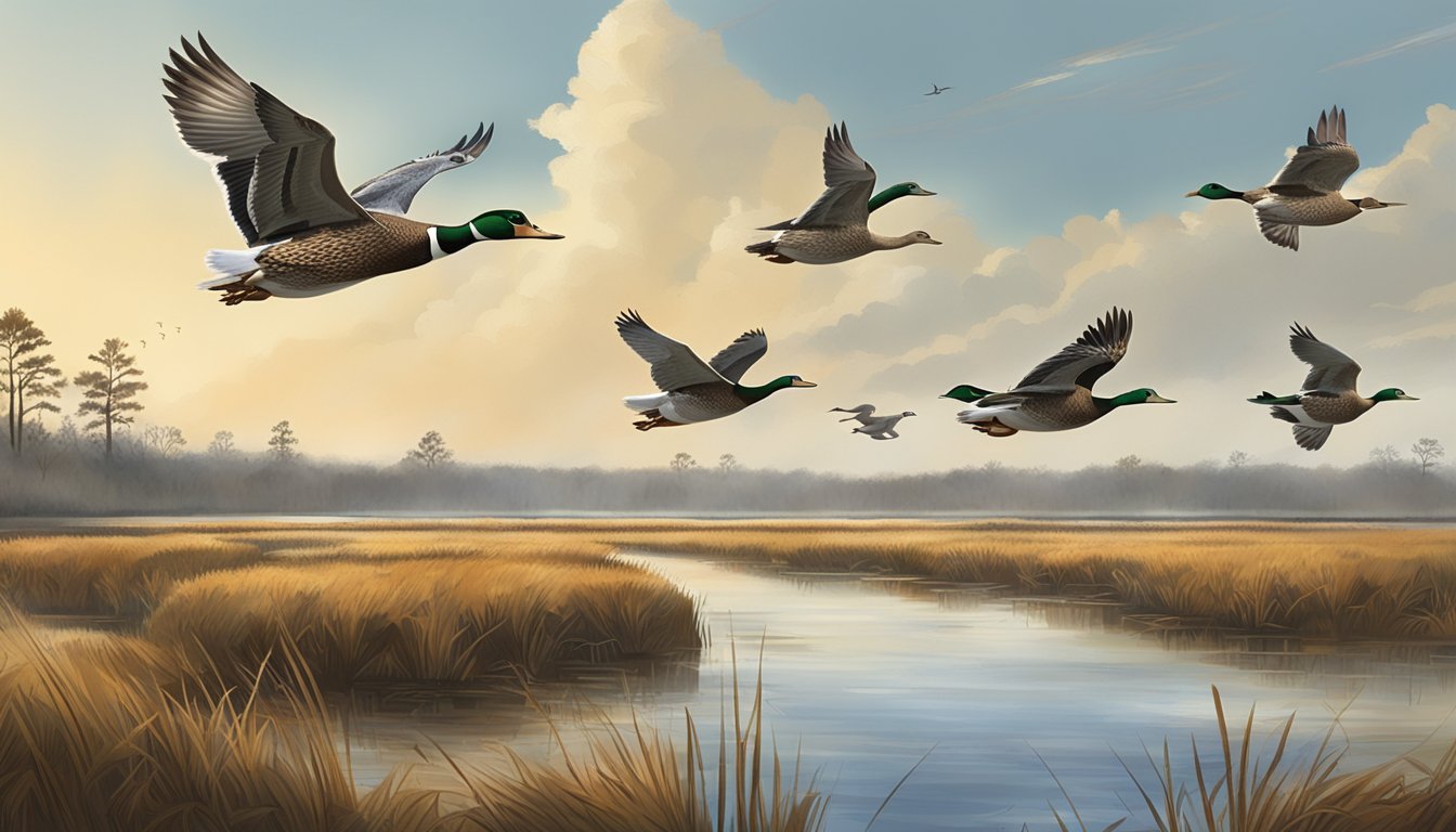 Ducks flying over a marsh, with hunters in the distance following regulations for conservation in North Carolina