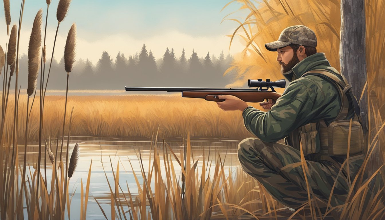 A hunter in camouflage setting up decoys in a marshy area, surrounded by cattails and reeds. A shotgun leans against a tree