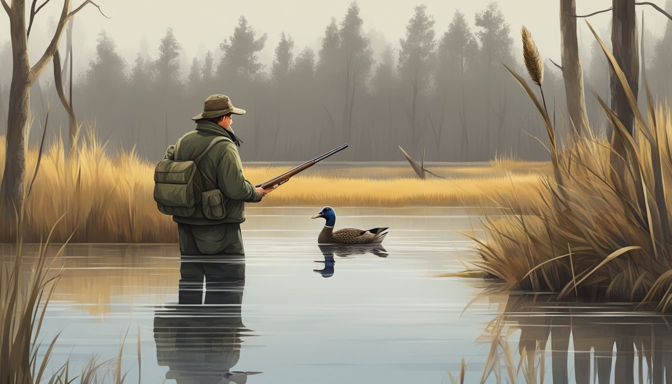 A hunter hides in a marsh, using decoys and calls to attract ducks