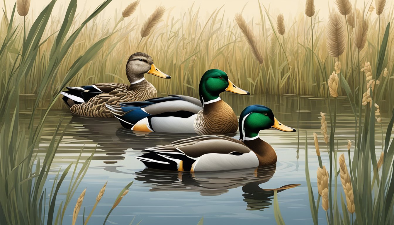 Mallard ducks swimming in a serene New Hampshire marsh, surrounded by tall grasses and cattails