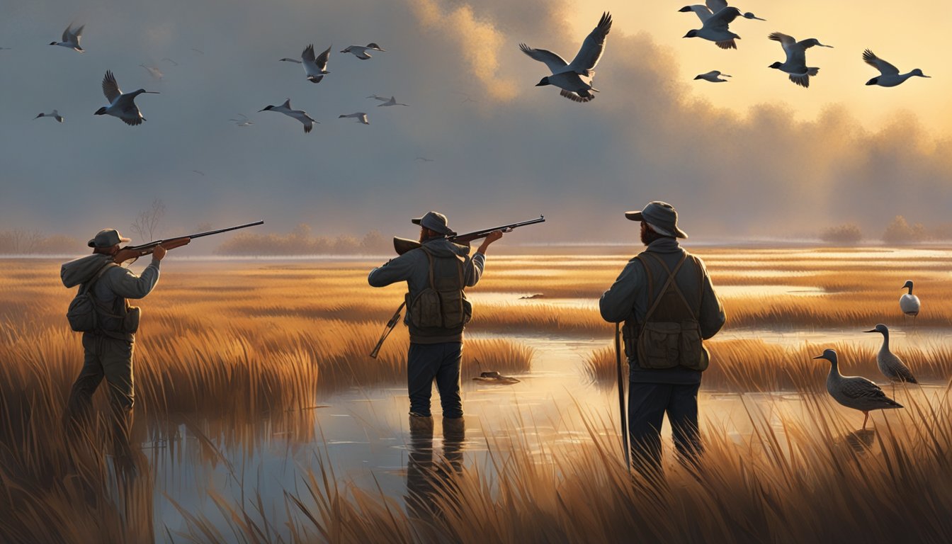 A group of hunters stand in a marshy wetland, aiming their rifles at a flock of ducks flying overhead. The early morning sun casts a warm glow over the scene