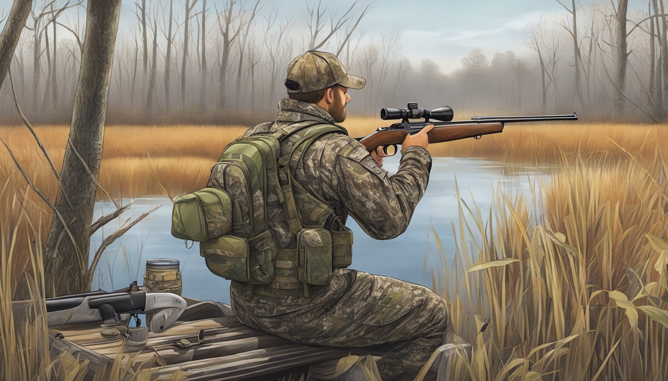 A hunter in camouflage gear checks his shotgun and safety equipment before heading out to a duck hunting spot in the marshes of North Carolina