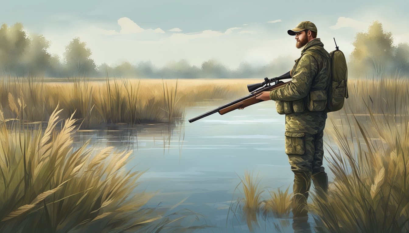 A hunter in camouflage with a shotgun and decoys in a marshy area, surrounded by tall grass and water