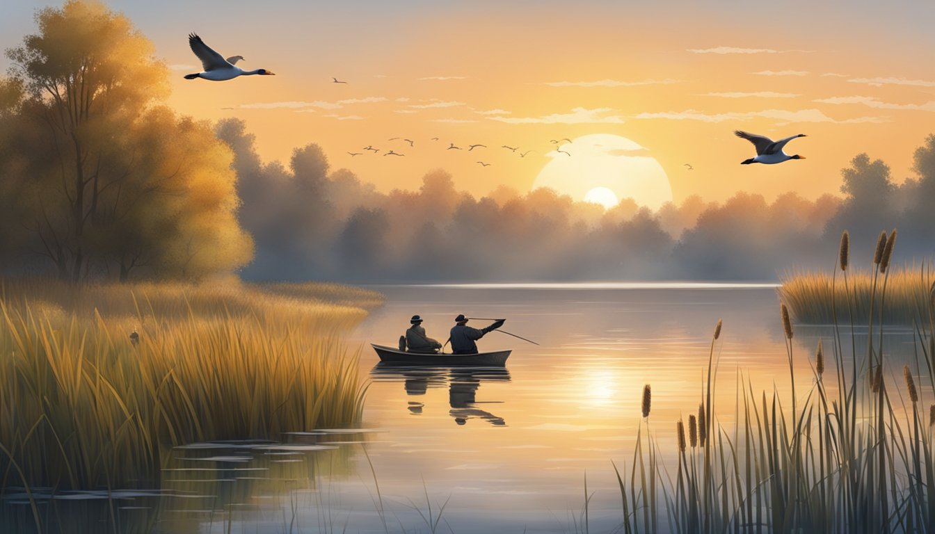 A serene lake at sunrise, surrounded by tall grass and cattails. A flock of ducks takes flight as a hunter hides in a blind