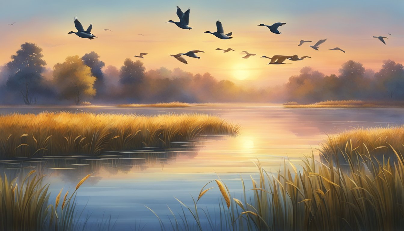 A serene lake at dawn, surrounded by marshlands and tall grasses. A flock of ducks takes flight, their colorful feathers catching the first light of day