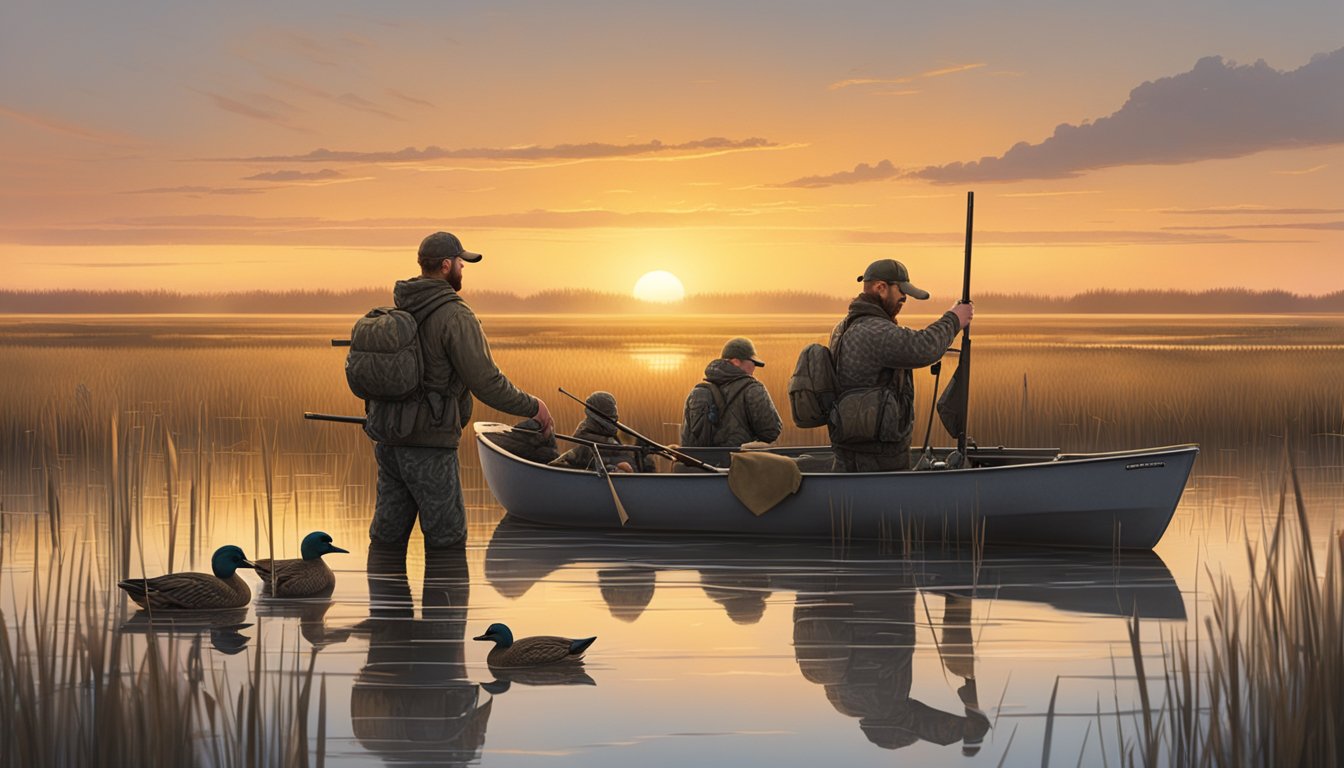 A group of hunters set up decoys in a marshy wetland at sunrise, preparing for a sustainable duck hunt in North Dakota