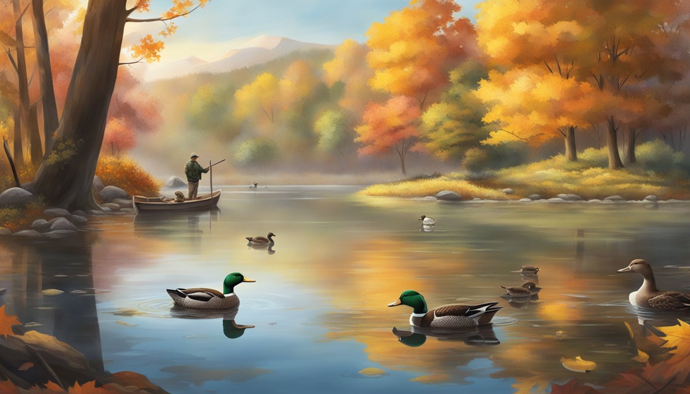 A serene lake in the early morning, surrounded by colorful autumn foliage, with a group of ducks peacefully swimming, as hunters prepare their gear on the shore