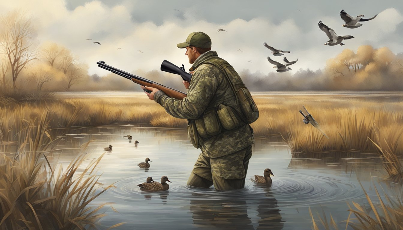 A group of hunters in camouflage gear wading through a marshland, aiming their shotguns at a flock of ducks flying overhead