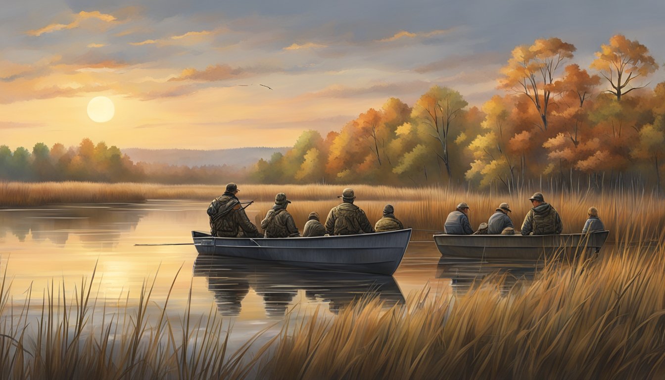 A group of hunters setting up decoys and blinds along the edge of a serene New Hampshire marsh, preparing for a special duck hunting event