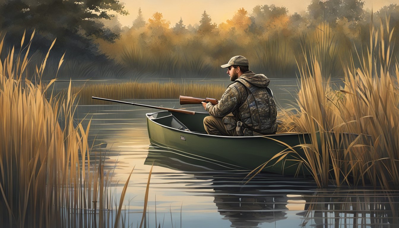 A hunter sits in a duck blind on a serene New Hampshire pond, surrounded by tall grass and reeds, with a shotgun at the ready