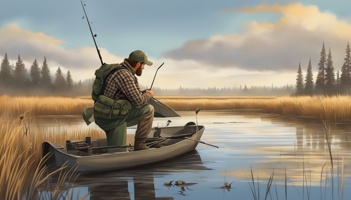 A hunter setting up decoys and blinds in an Oregon marsh for duck hunting season