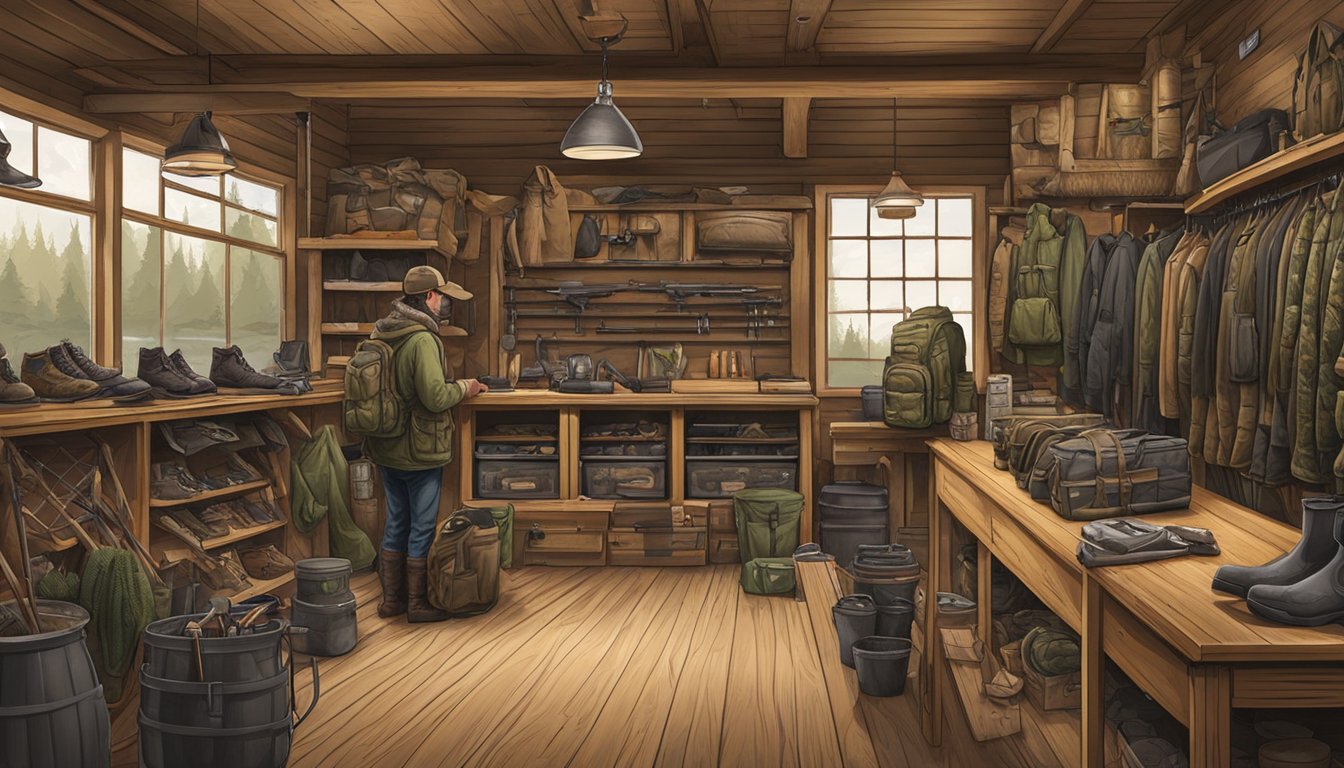 A hunter selects duck hunting gear in a rustic Oregon hunting supply store