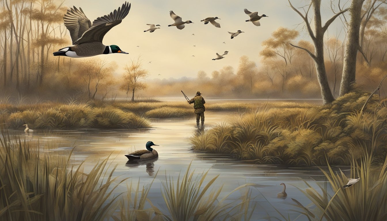 A hunter in camouflage wades through a marsh, shotgun in hand, as ducks fly overhead