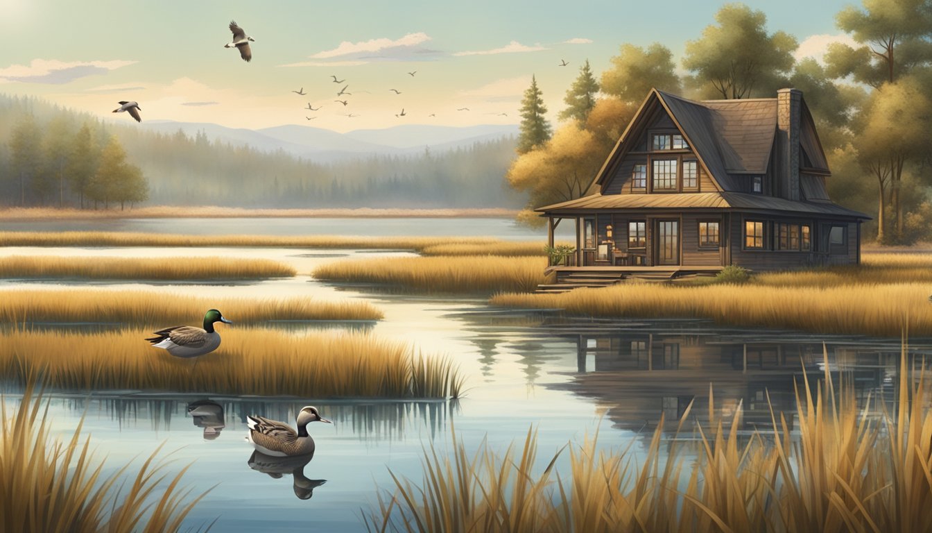 A rustic hunting lodge nestled among tall grass and marshland, with a serene lake in the background and a flock of ducks flying overhead