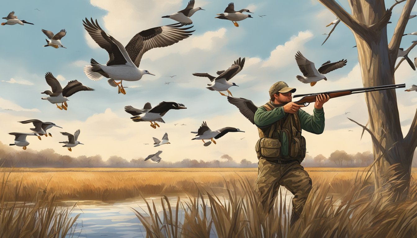 A hunter in camouflage aiming a shotgun at a flock of ducks flying over a marsh in Oklahoma