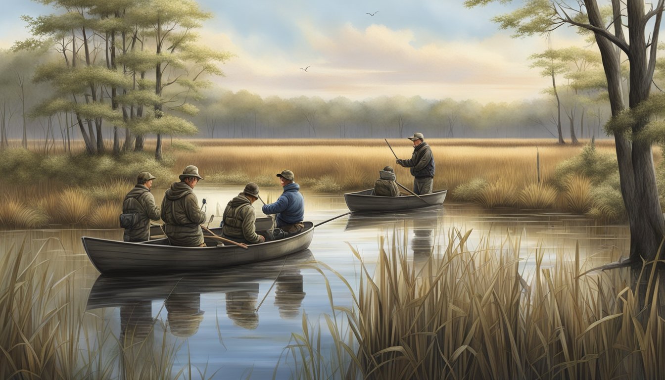 A group of hunters setting up decoys and blinds in a marshy wetland area in New York, with trees and reeds surrounding the water