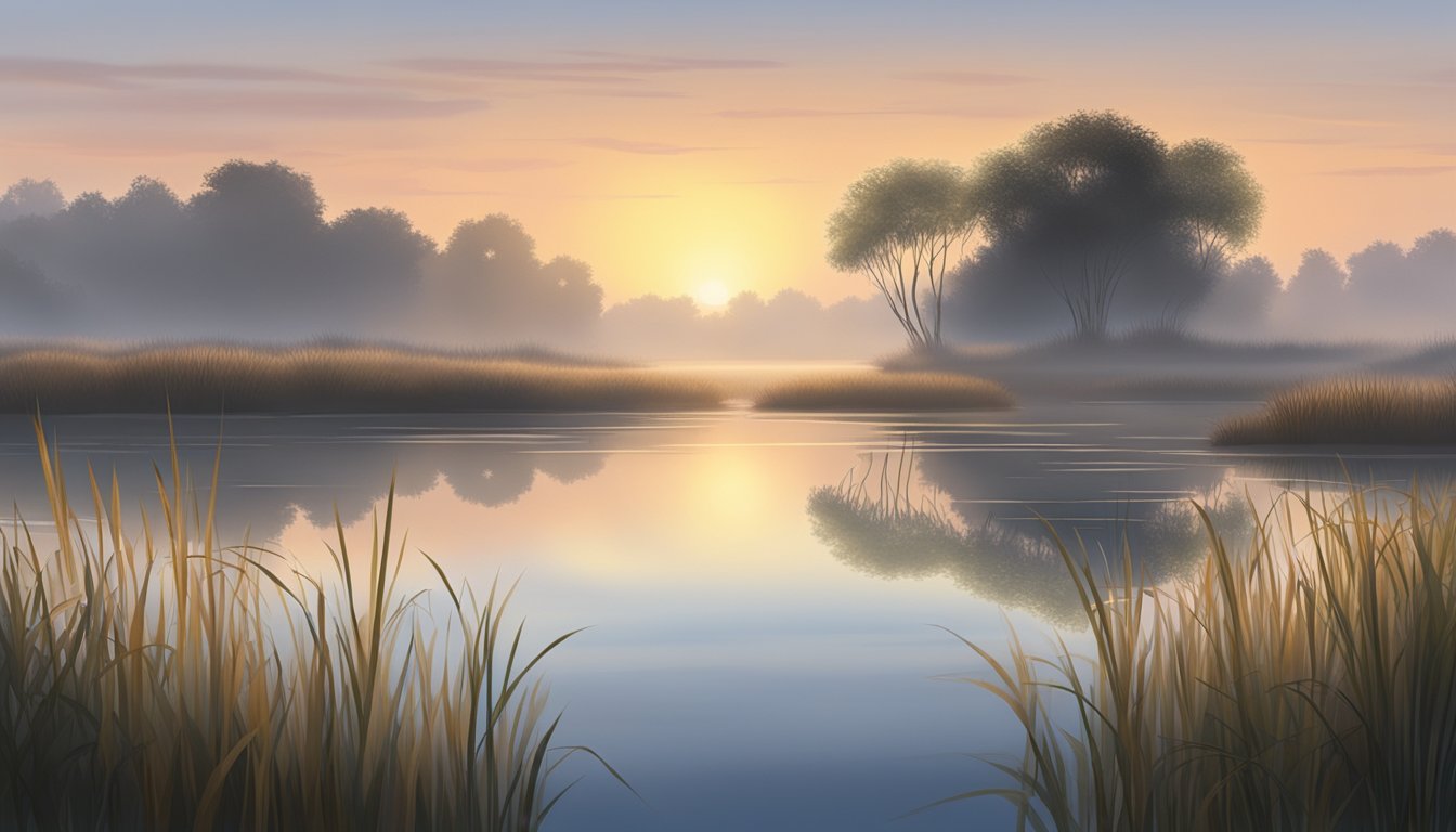 A misty marshland at sunrise, with tall grass and reeds surrounding a calm, reflective pond, and distant tree-lined hills in the background