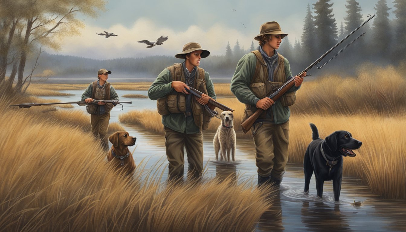 A group of young hunters wade through a marsh in Oregon, their dogs at their side, as they prepare to take aim at ducks flying overhead