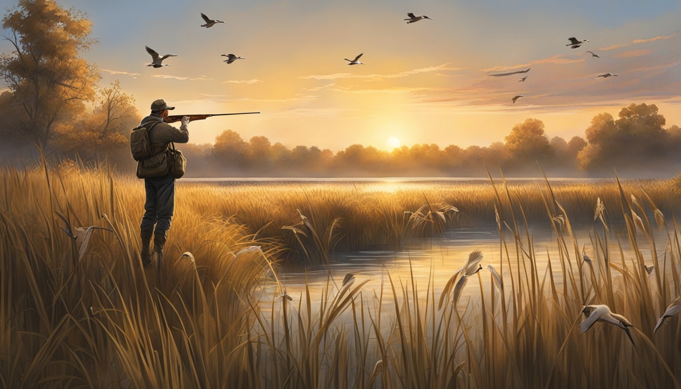 A hunter aims at ducks flying over a New York wetland, surrounded by tall grass and cattails. The early morning sun casts a warm glow on the scene