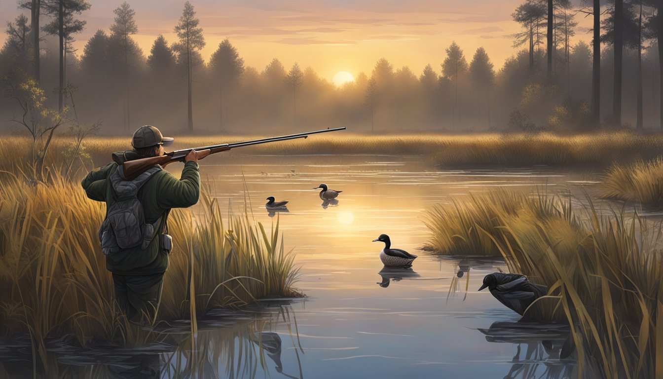 A hunter aims at ducks in a marshy wetland at dawn