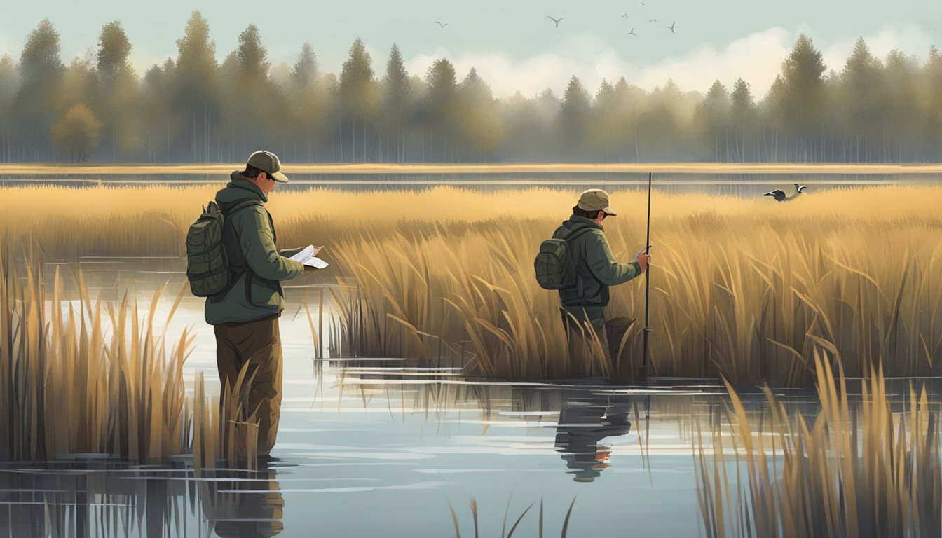 A hunter sets up decoys in a marsh, surrounded by tall reeds and trees. A research team watches from a distance, taking notes on the ducks' behavior