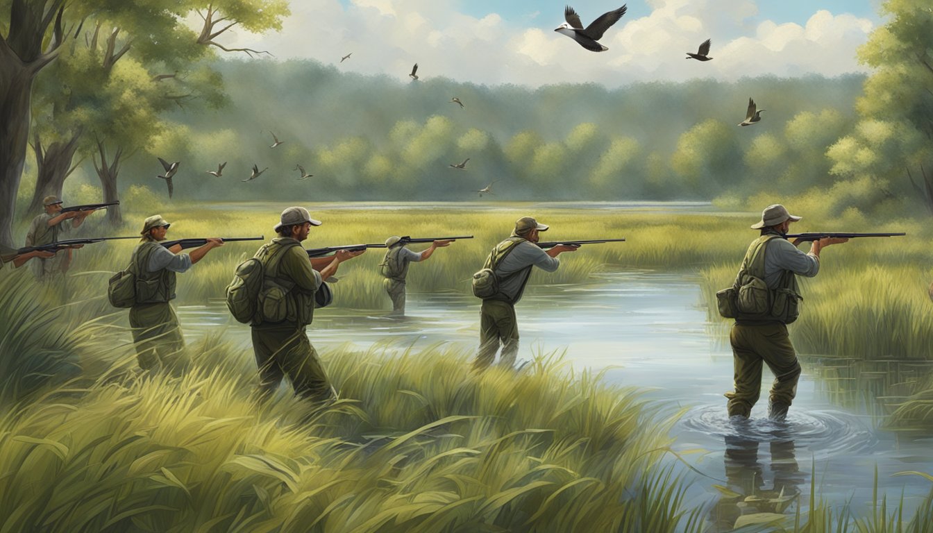 A group of hunters wading through a marsh, surrounded by lush vegetation, aiming their guns at a flock of ducks flying overhead