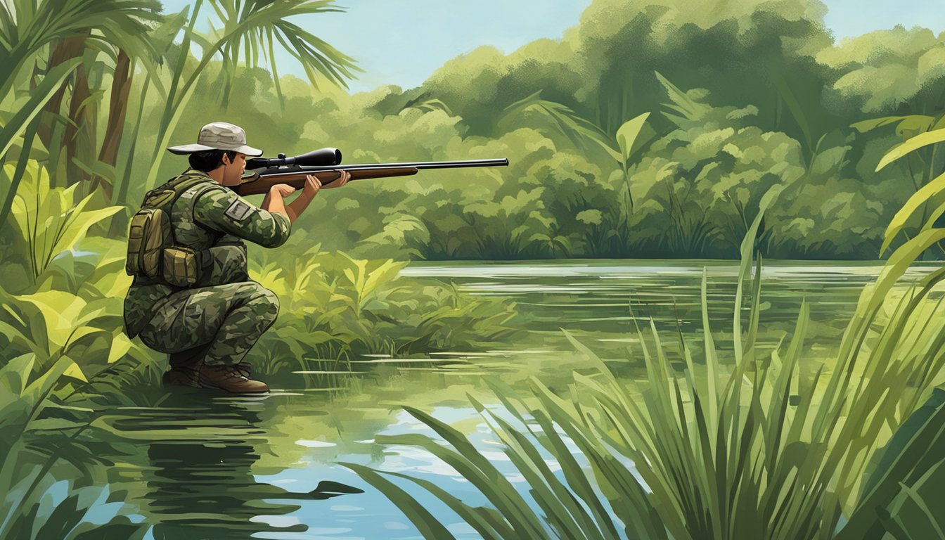 A hunter in camouflage aiming at ducks in a wetland surrounded by lush vegetation in Puerto Rico