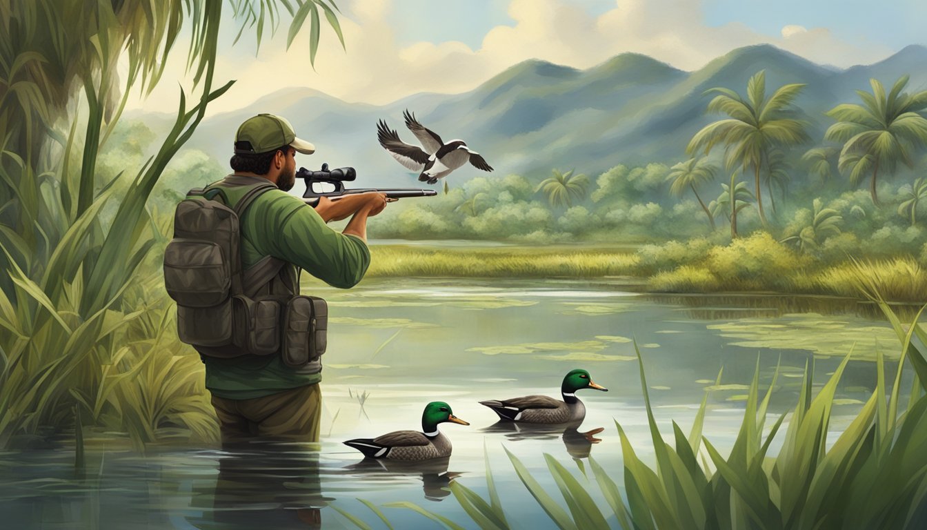 A hunter aims at ducks in a lush Puerto Rican wetland during hunting season