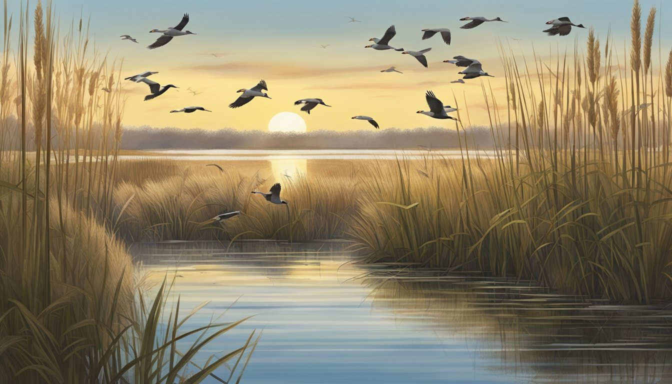 A marshy wetland in Rhode Island, with tall grasses, reeds, and waterfowl flying overhead. A hunter's blind sits at the edge of the water, surrounded by the sounds of ducks and geese