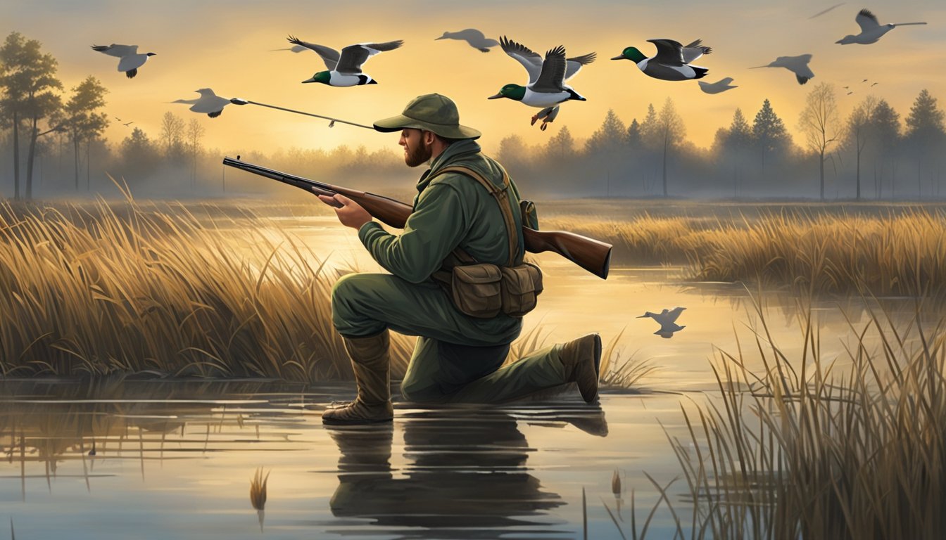 A hunter crouches in a marsh, shotgun at the ready, as ducks fly overhead. A decoy spread is set in the water, mimicking a flock of ducks