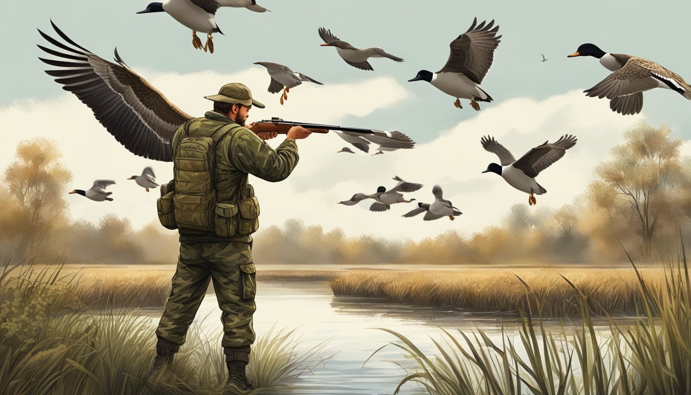 A hunter in camouflage standing by a marsh, aiming at a flock of ducks in flight