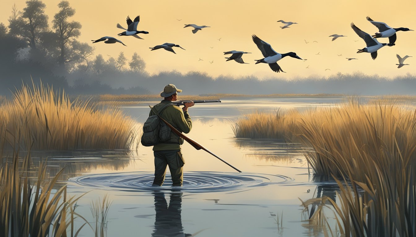 A hunter stands in a marshy area with a shotgun and decoys, surrounded by water and tall grasses, as ducks fly overhead