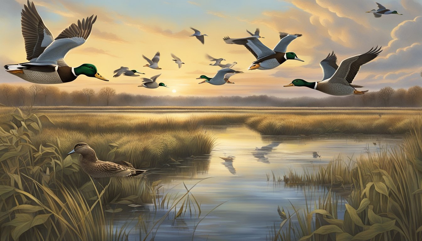 Ducks flying over a marsh in Ohio, with hunters and conservationists working together to manage the wildlife population