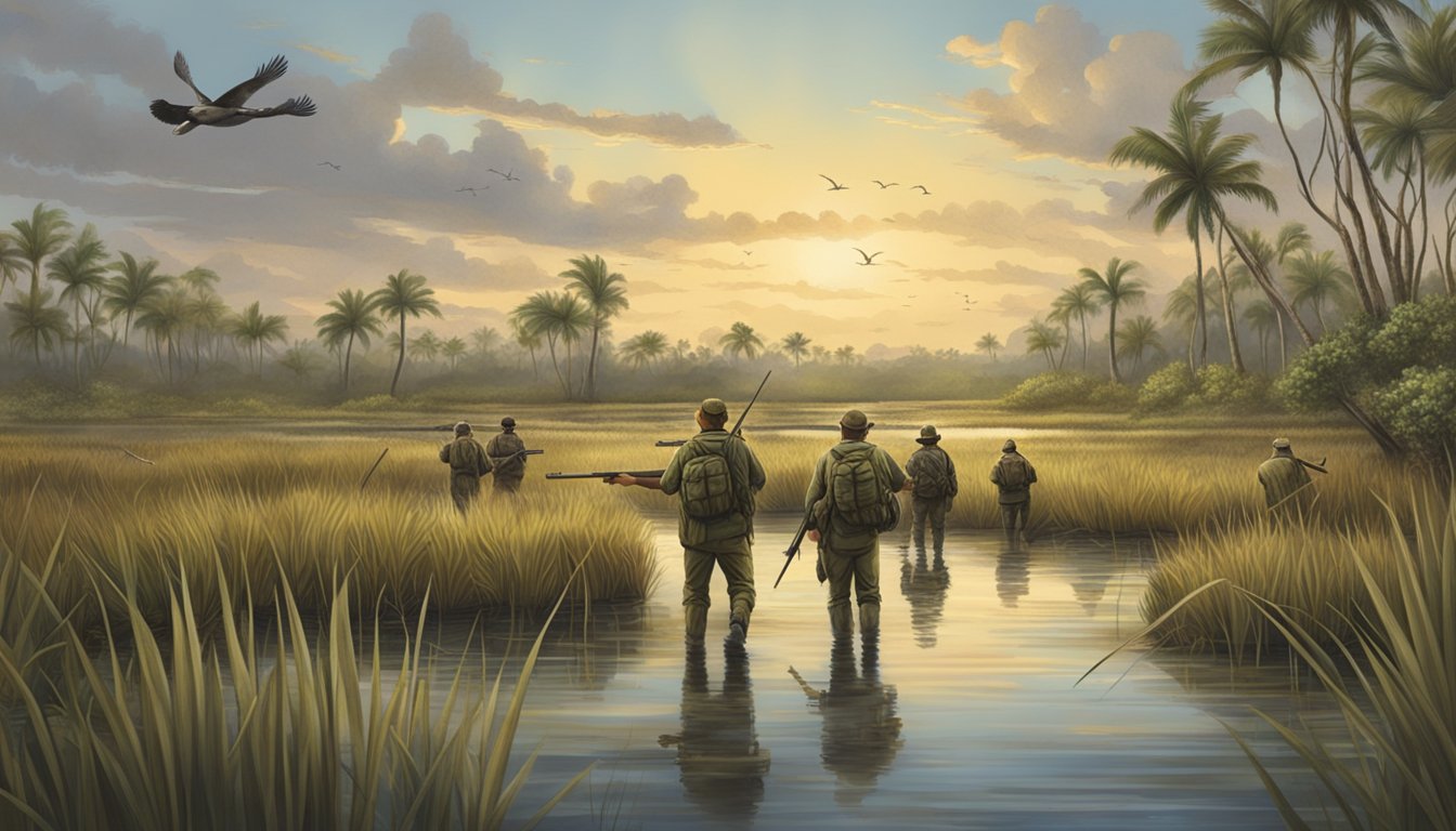 A group of hunters patrolling a marshy wetland in Puerto Rico, with rifles at the ready, while ducks take flight in the distance