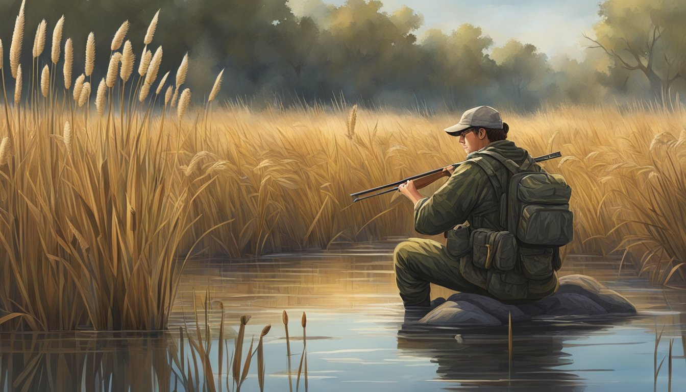 A hunter crouches in a marshy wetland, camouflaged among reeds and cattails, patiently waiting for ducks to fly overhead