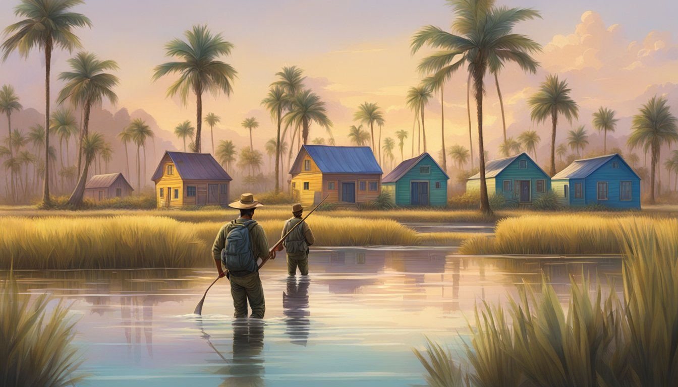 A group of hunters wading through a shallow marsh, with colorful buildings and palm trees in the background