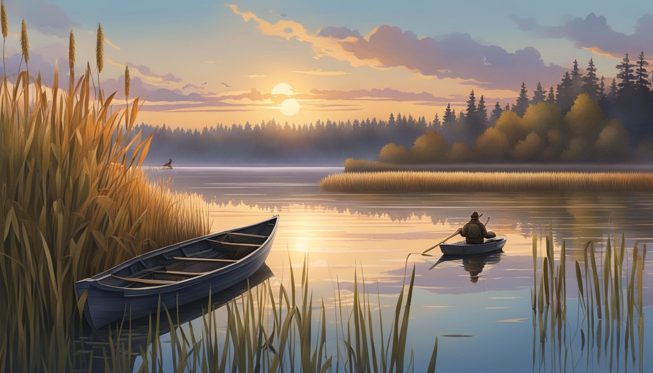 A serene lake at sunrise, surrounded by reeds and cattails, with a lone duck hunter in a small boat, preparing to set up decoys