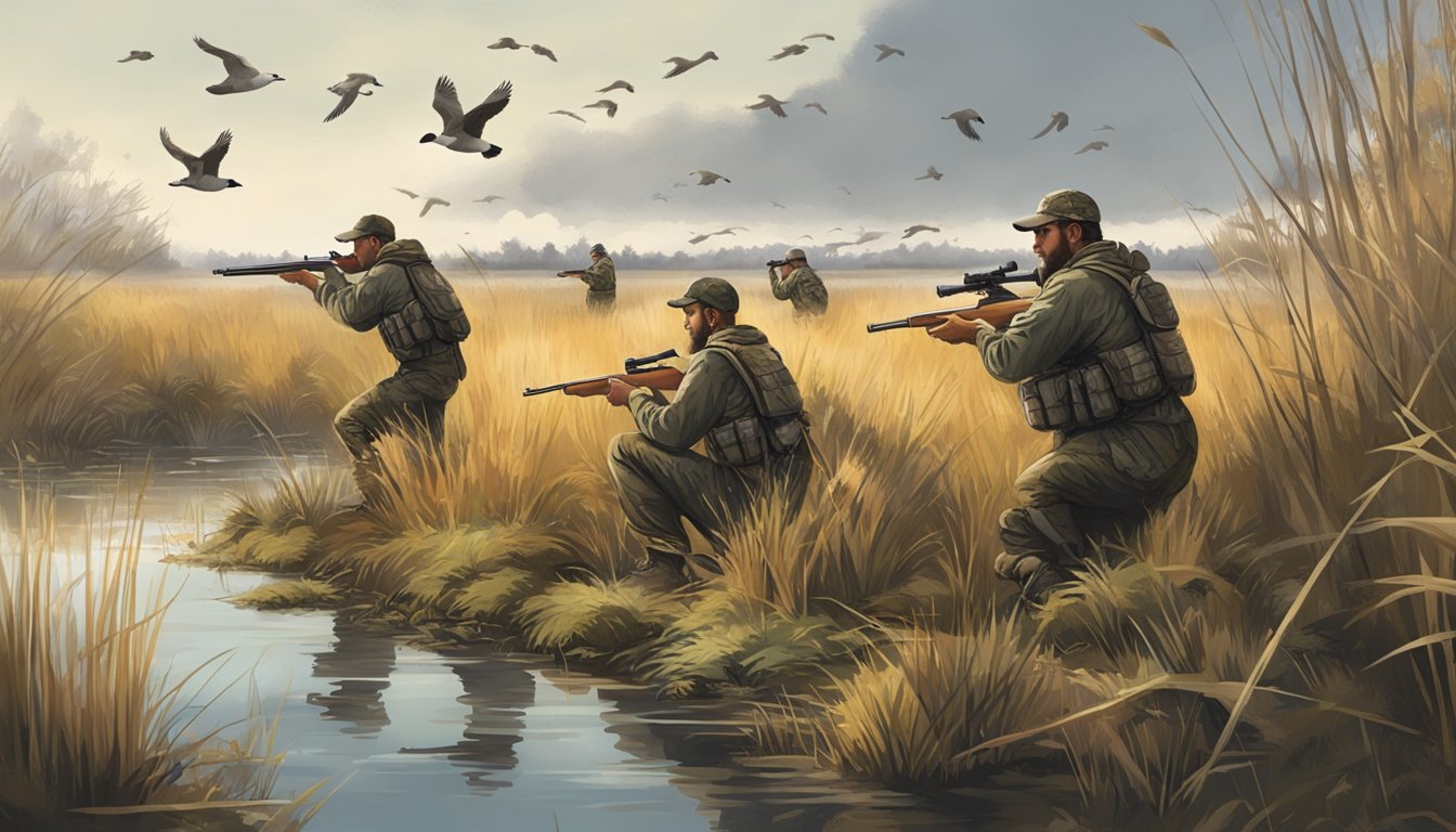 A group of hunters in camouflage gear, crouched in a marshy wetland, aiming their guns at a flock of ducks flying overhead