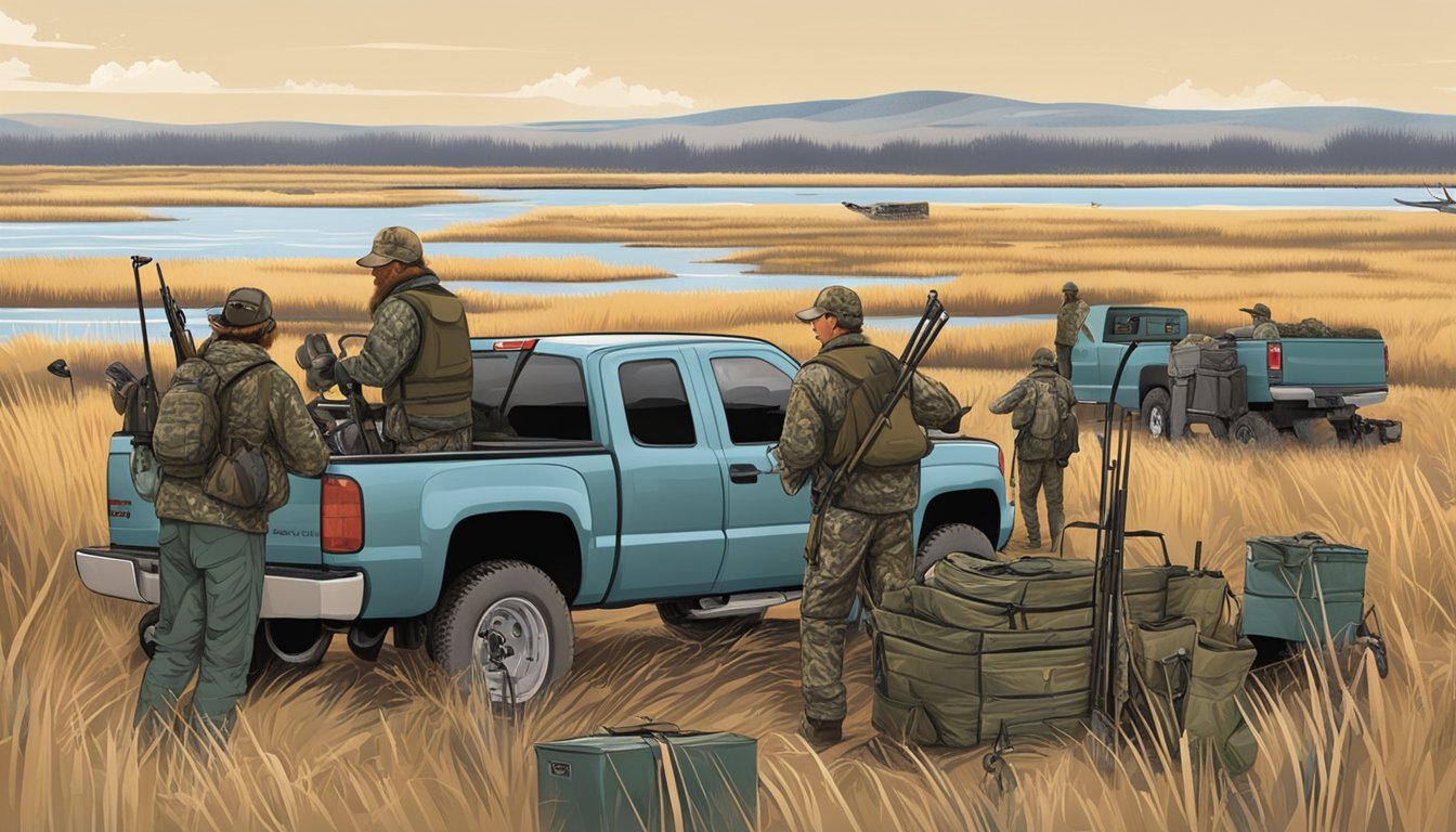 A group of hunters unloading gear from trucks near a marsh in South Dakota. Decoys and camouflage gear are scattered around the area